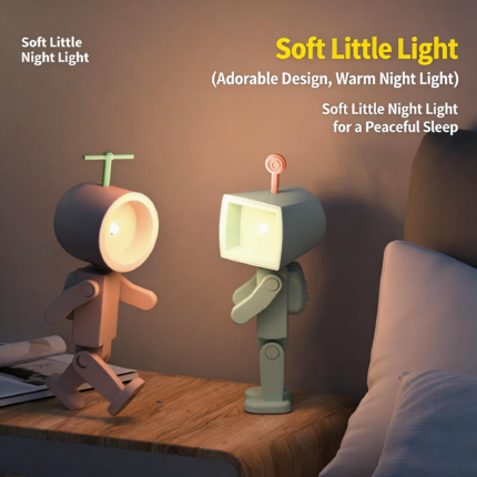 Cute Robot Night Light, Adjustable LED Desk Lamp with Warm Glow for Bedroom, Kids Room & Home Decor