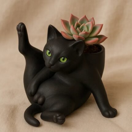 The funny terrarium with a black cat